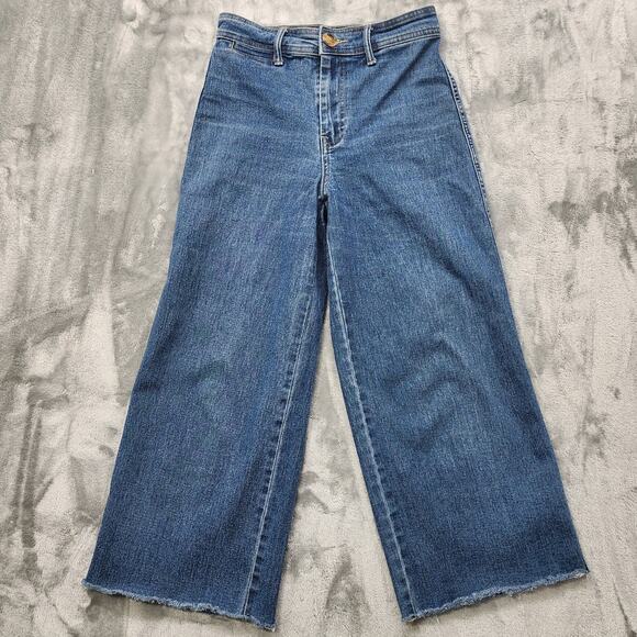 H&M Jeans Womens 2 Blue High Rise Crop Capri Raw Hem Wide Leg Stretch Casual - Picture 1 of 14